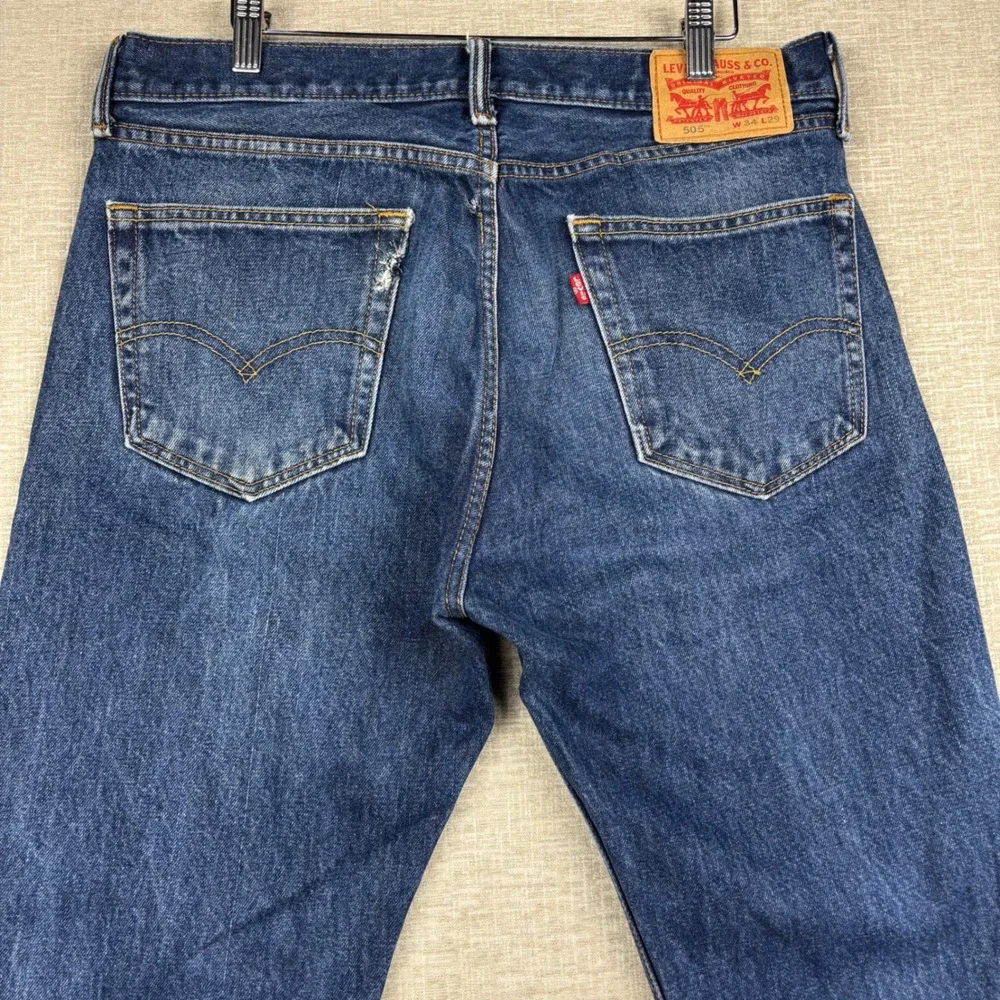 Levis 505 Mens 34x29 Jeans Medium Dark Washed Denim Grungy Low Knee Fading